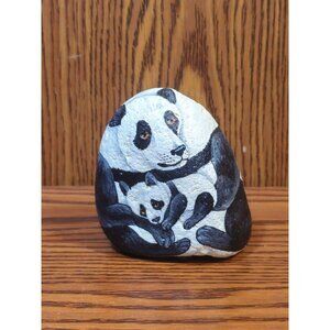 Hand-Painted Panda & Cub Decorative Rock Art